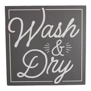Wood Wash & Dry Word Block Tabletop Freestanding Plaque Sign Dark Gray White